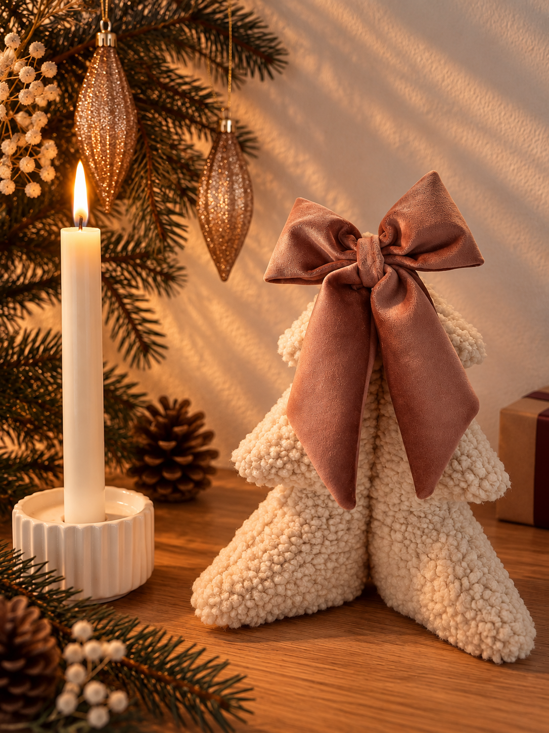 WINTER ROSE – Juletræ i teddy med veloursløjfe, 25 cm