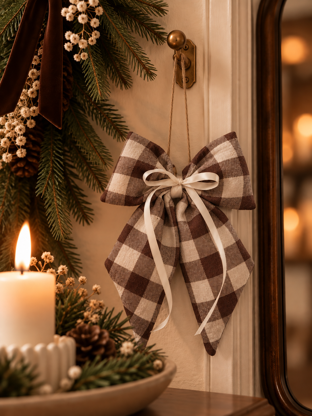 Julesløjfe CHRISTMAS CHECK – Brunternet hør, 22 cm