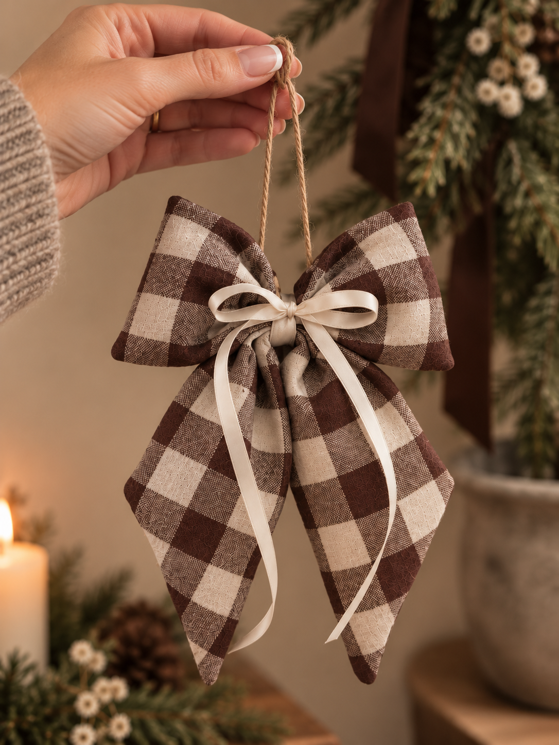 Julesløjfe CHRISTMAS CHECK – Brunternet hør, 22 cm