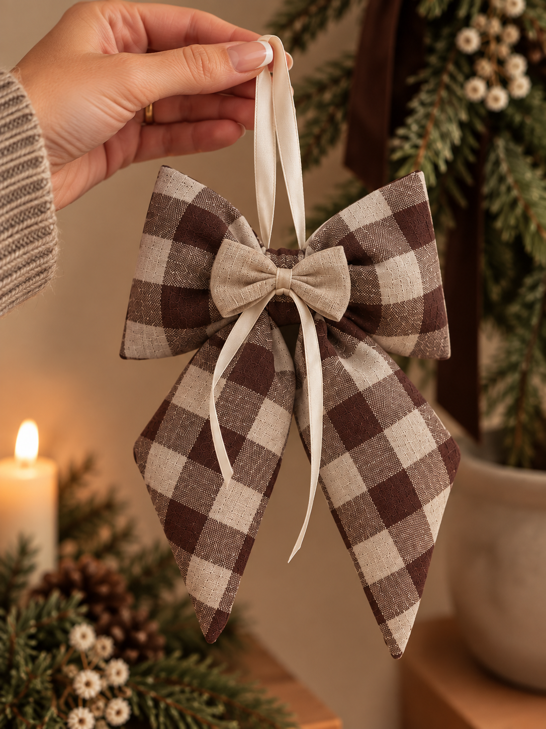 Julesløjfe DOUBLE BOW – Brunternet hør, 22 cm
